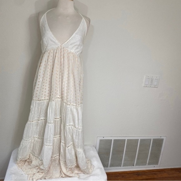 NWT New Anthropologie PQ White Gold Metallic Haven Amelie Tiered Maxi Dress  M/L